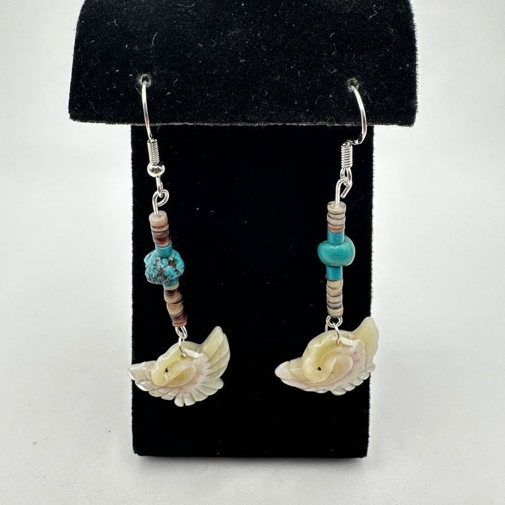 2.5" Revived heishi shell, turquoise, and mother of pearl‎ bird fetish earrings!